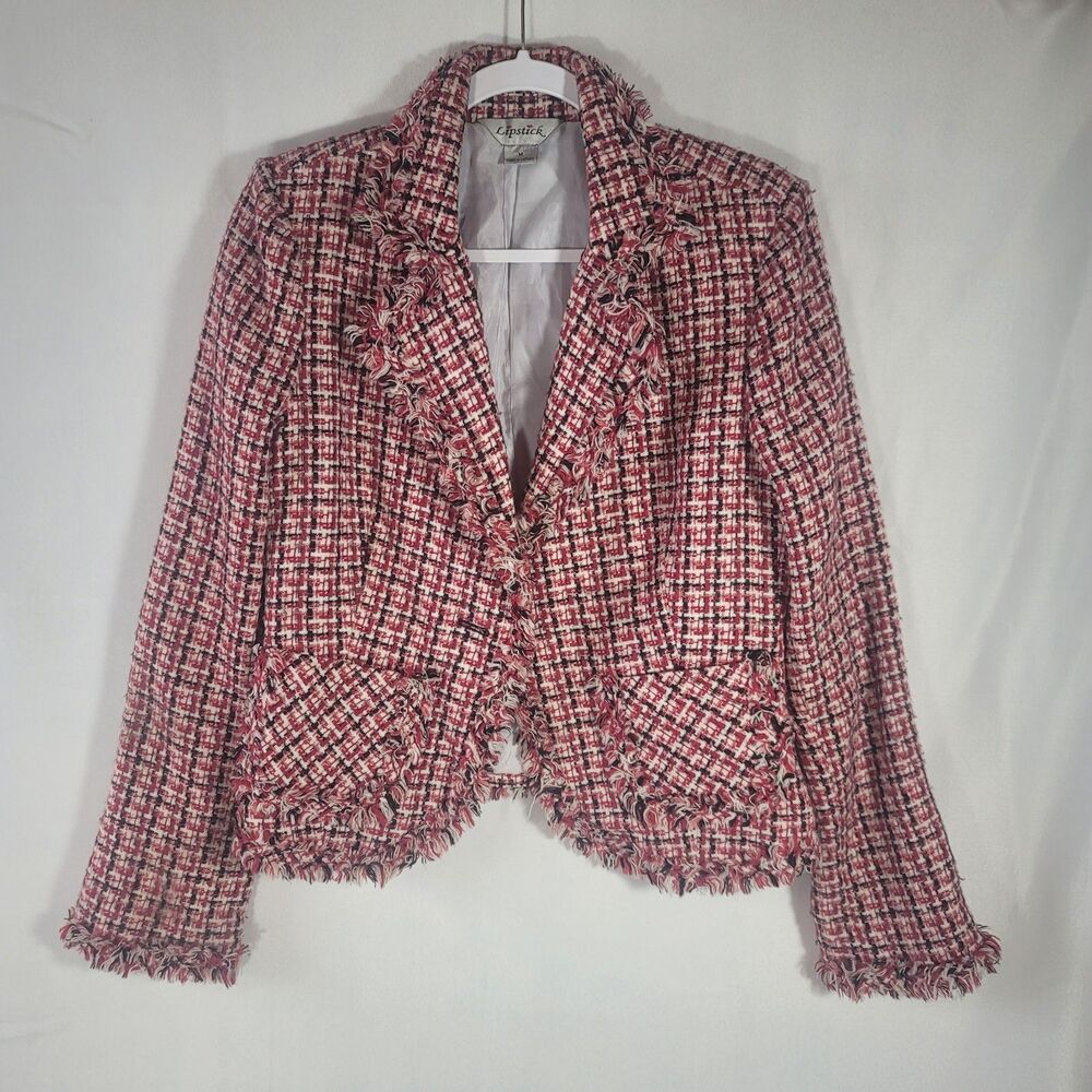 Lipstick Boutique Women's Tweed Fringe Blazer Jacket Chunky Boucle Knot Medium
